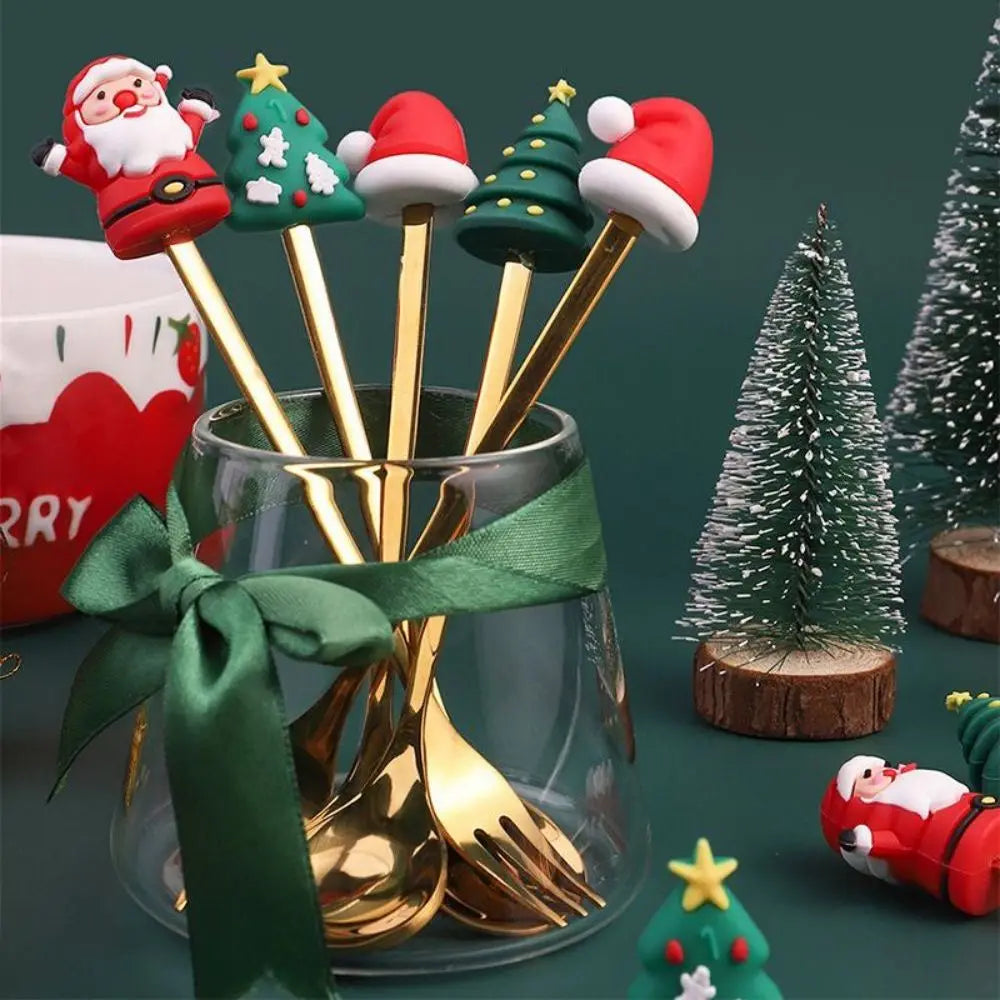 4-Piece Golden Christmas Spoon Set – Festive Holiday Dessert & Coffee Spoons