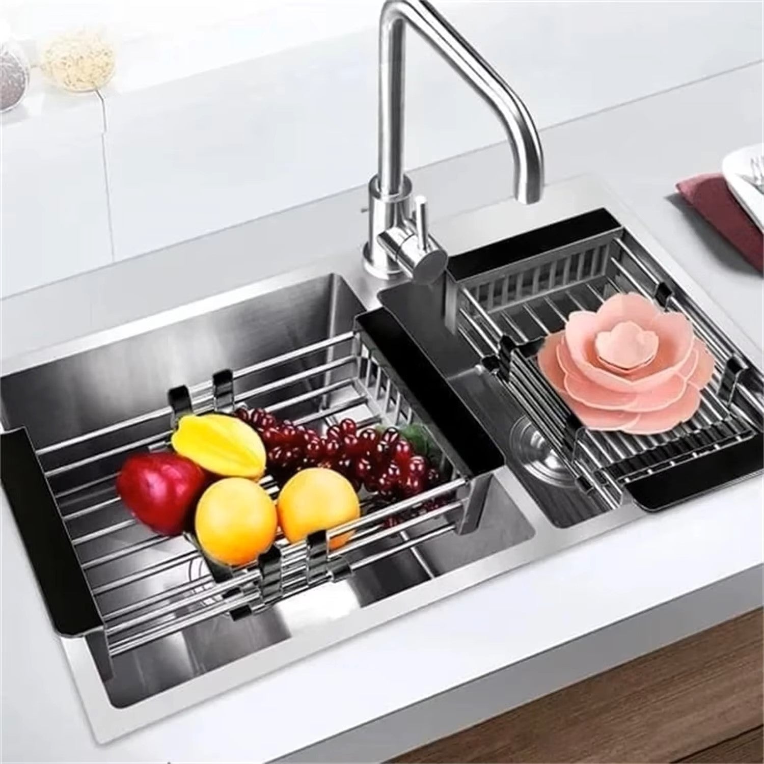 Adjustable Stainless Steel Over-the-Sink Dish Drying Rack & Fruit/Vegetable Drainer