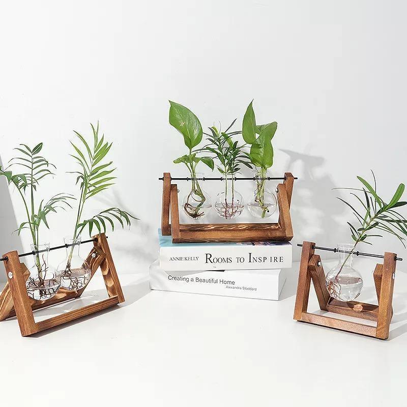 Glass Propagation Vase with A-Frame Wood Stand